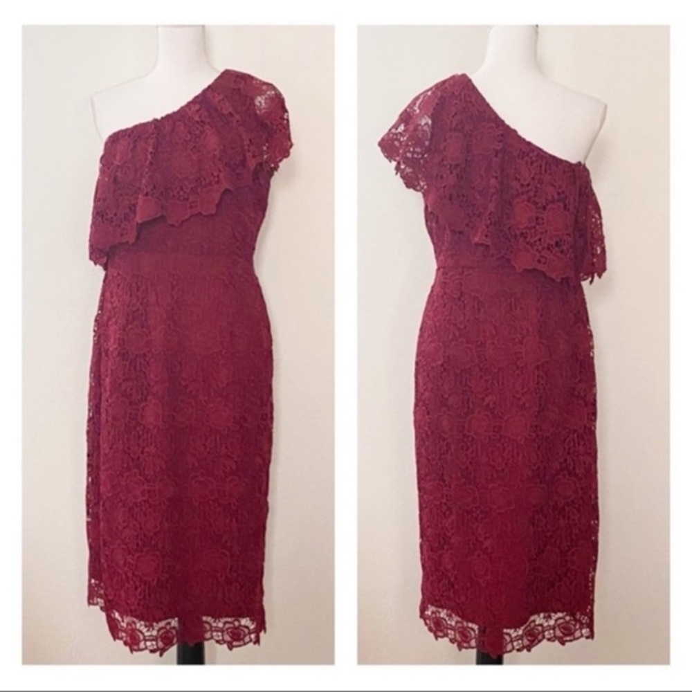 New Nanette Lepore Womenâs One Shoulder Lace Sheath W/Flounce Neck Line